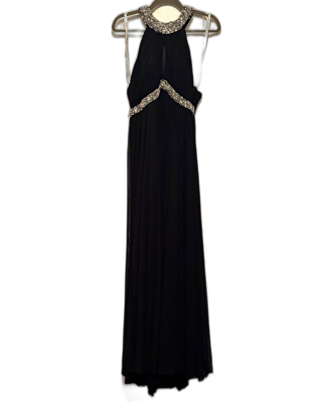 Jovani Black Chiffon Formal Gown Dress with Silver Beaded Neckline
